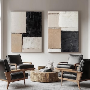 Abstrakte Beige Schwarz Bilder Set: Zeitgenössische Wabi Sabi Wandkunst