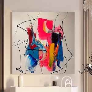 Graffiti wall art, colorful painting on canvas pink wall art modern hand painted art blue, interior decoration painting