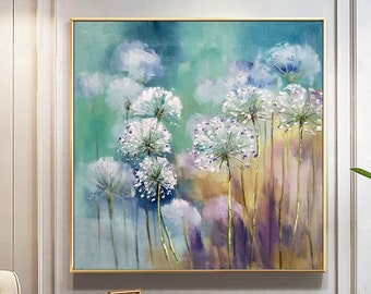 Original Dandelion Flowers Oil Painting on Canvas, Large Abstract Textured Floral Landscape Painting Modern Living Room Home Decor