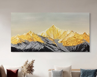 Large Golden Mountain Oil Painting: Textured Acrylic Landscape Wall Art