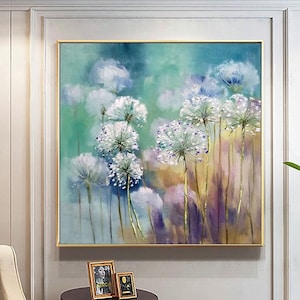 Original Löwenzahn Blumen Ölgemälde auf Leinwand, große abstrakte strukturierte Blumen Landschaftsmalerei modernes Wohnzimmer Wohnkultur