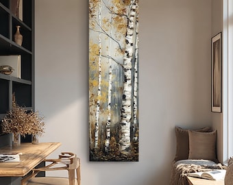 Peinture originale de bouleau : grande toile fine, art mural nature moderne