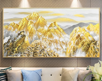 Large Golden Mountains Canvas Art: Abstract Landscape Painting