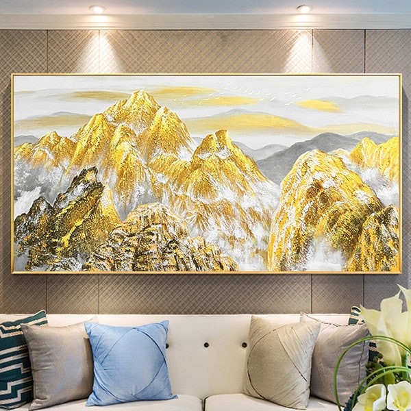 Large Golden Mountains On Canvas, Original Gold Wall Art,  Abstract Natural Landscape Boho Decor Wall Art Home Decor