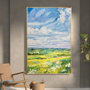 Landscape Painting, Billowing Clouds, Original Oil Painting, Abstract Pastoral Scenery, Modern Simple Living Room