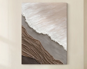3D Ocean Waves Painting: Minimalist Earth Tone Texture Wall Art