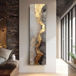 細長い縦長の絵画：ゴールドとグレーの抽象的なキャンバスウォールアート