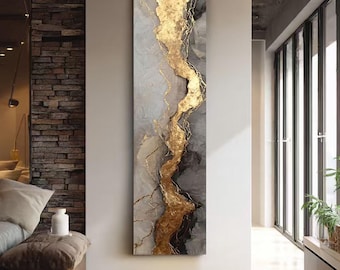 Lang smal verticaal schilderij: goud en grijs abstracte canvas muurkunst