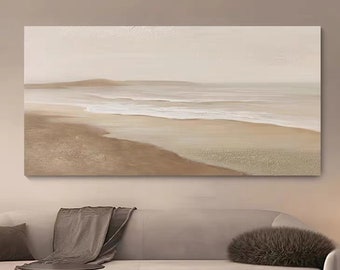 Beruhigende Landschaftsmalerei, Neutrale Landschaft, hellbeige Ästhetik, Acrylmalerei, minimalistische Kunst, horizontale Malerei
