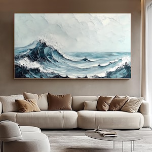 Original Ocean Wave Oil Painting On Canvas, Abstract Blue Sea Home Decor Art, Fashion Wall Decor Painting Impressionist Art