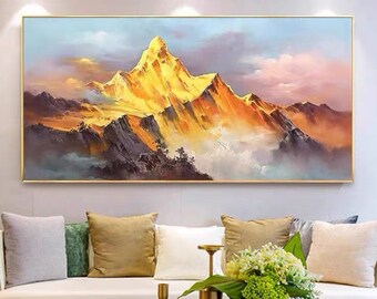 Gold Mountain Oil Painting on Canvas: Abstract Landscape Boho Wall Art