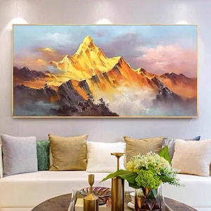 Gold Mountain Oil Painting on Canvas  Original Blue Sky Painting  Gold Wall Art  Abstract Natural Landscape Boho Decor Wall Art Home Decor