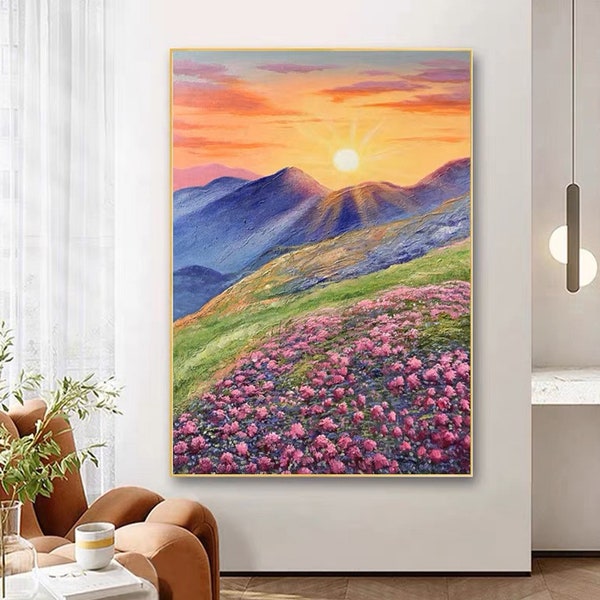 Landschaftsmalerei Original Ölgemälde auf Leinwand Sonnenuntergang Malerei lila Blume Ölgemälde Boho Wand-Dekor Wohnkultur Schlafzimmer Dekor