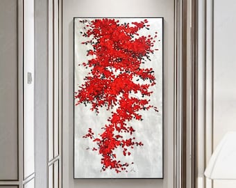 Original rote Blumen Gemälde, rote Blumen Malerei, Blumenkunst, moderne Kunst, Landschaft Ölgemälde, dicke Blumen Öl Wandkunst