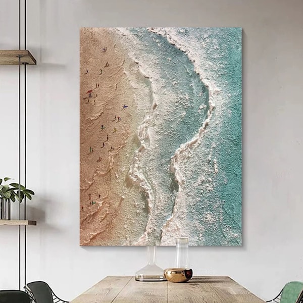 3D Summer Seaside Oil Painting,Original Painting On Canvas, White Waves and Brown Beach Painting ,Living Room Art,Large Wall Art