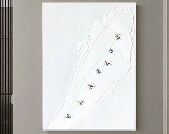 Textured Ski Painting on Canvas: White Painting, Snowy Mountain Wall Art