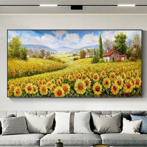 Sunflower Painting Original Art  Yellow Sunflower Landscape Oil Painting on Canvas  Abstract Modern Blossom Floral Acrylic Painting