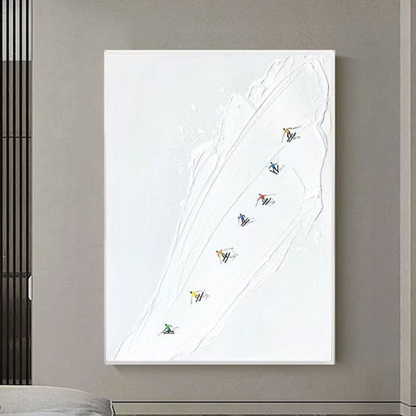 Original Gemälde auf Leinwand Weiße Textur Wandkunst Geschenk Skifahrer auf verschneiten Berg Kunst weißer Schnee Skilaufen Kunst