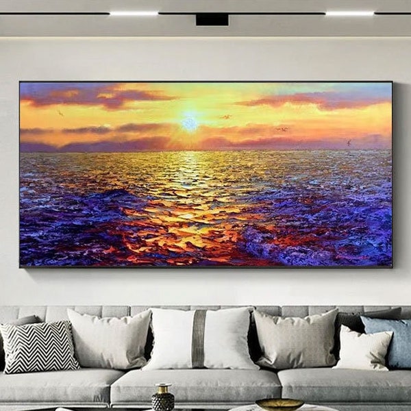 Handmade Sunset Painting,Textured Sea Painting,Large Sea Canvas Oil Painting,Abstract Blue Wave Painting  Mother Gift Living Room Decor