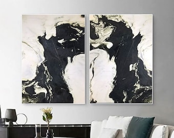 Set of 2 Black and White Abstract Paintings: Minimalist Wall Decor