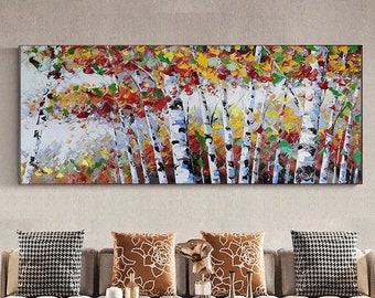 Large Birch Trees Oil Painting, Abstract Landscape, Hand Painted Canvas Art