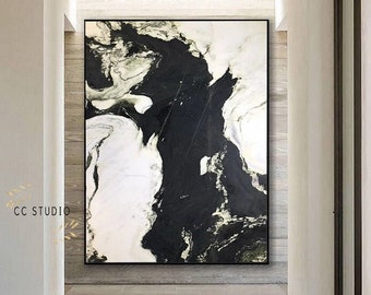 Groot zwart-wit abstract schilderij: minimalistische muurkunst met textuur