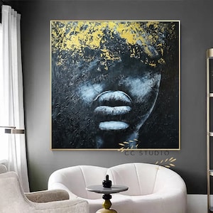 Black and Gold Woman Oil Painting: Abstract Textured Floral Canvas Art