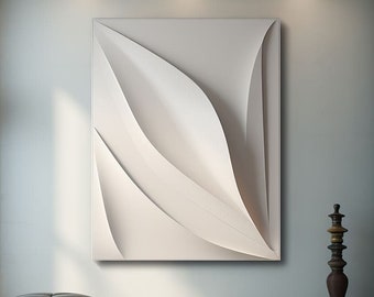 May include: A white, three-dimensional wall sculpture with a flowing, organic design. The sculpture is mounted on a white wall in a modern living room setting.