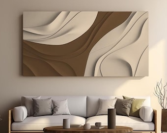 May include: A white sofa with brown throw pillows sits in front of a large abstract painting with brown and white wavy lines. A wooden coffee table with a lower shelf sits in front of the sofa. A potted plant with brown branches is in the corner of the room.