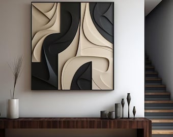 Könnte beinhalten: Ein abstraktes Wandbild in Schwarzweiß mit 3D-Effekt. Das Kunstwerk ist in einem schwarzen Rahmen gerahmt und hängt an einer weißen Wand über einem dunklen Holzregal.