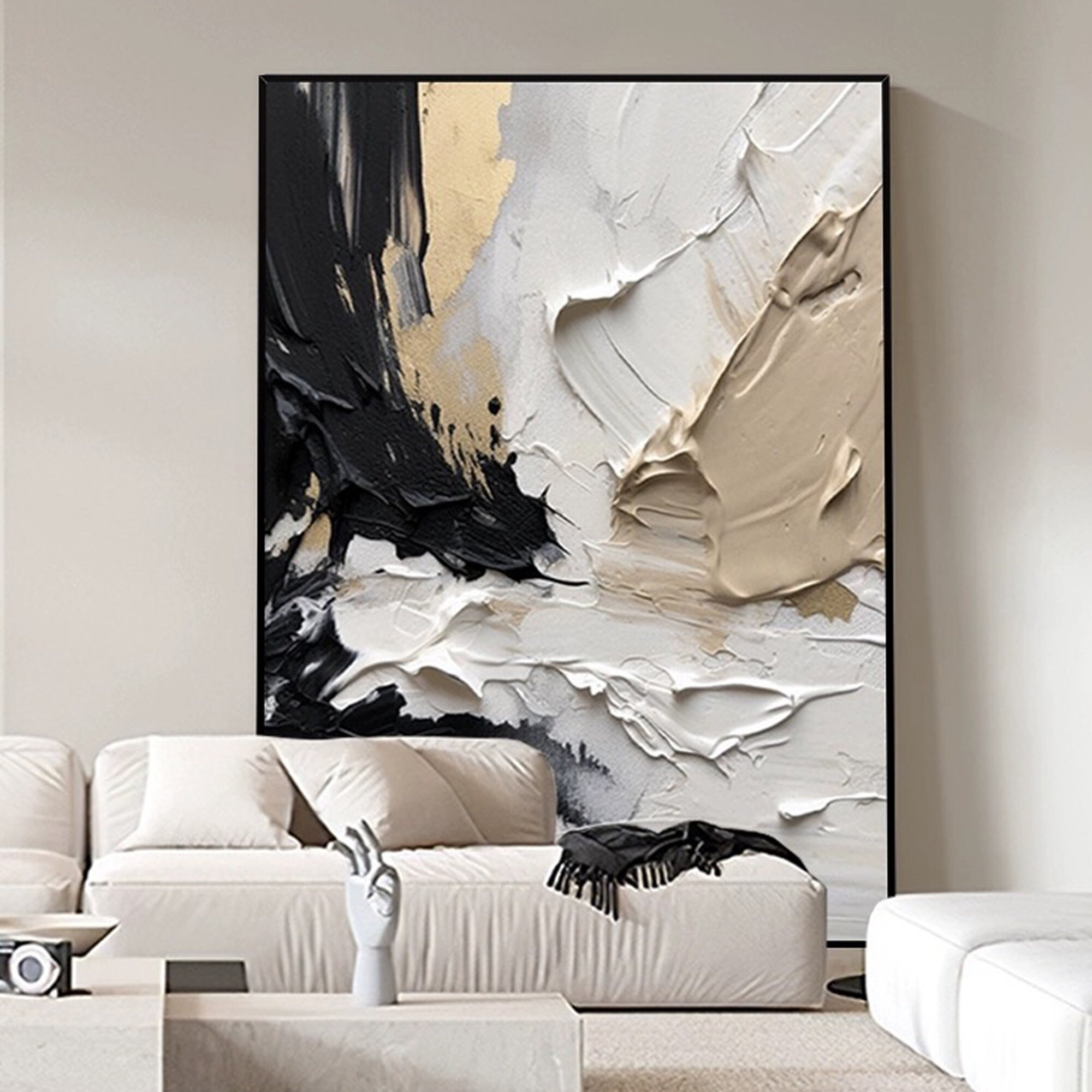 Textured Black and White Abstract Painting: 3D Minimalist Wall Art - Etsy