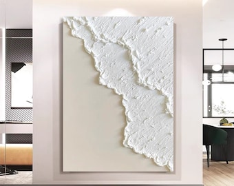 Gran pintura al óleo de playa original sobre lienzo, arte de pared blanco texturizado, pintura blanca y beige, pintura de paisaje marino personalizada