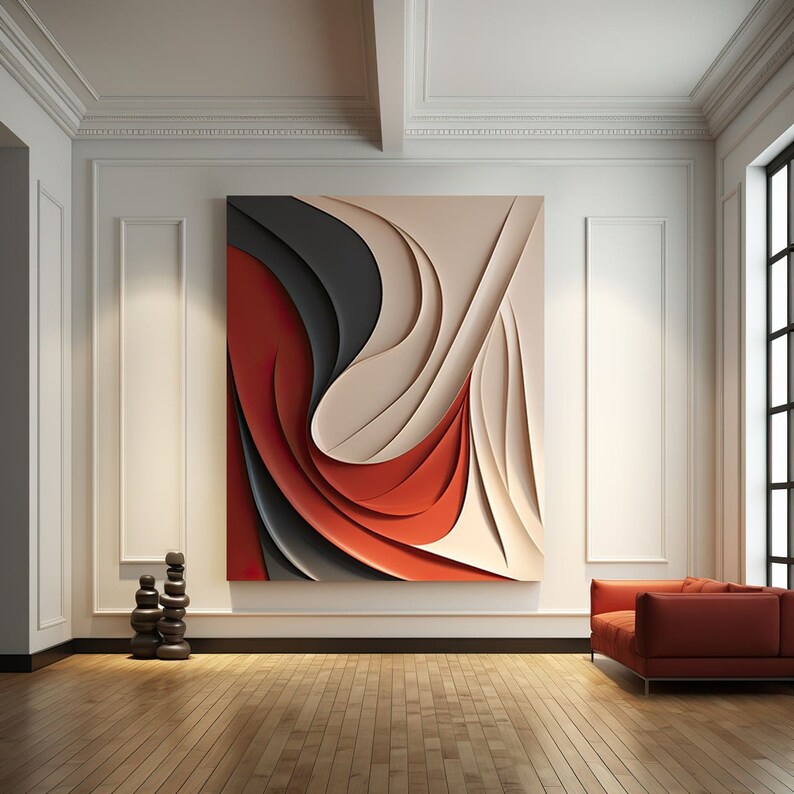 Large Colorful Abstract Wood Carving Wall Art, Minimalist Wall Art, Red