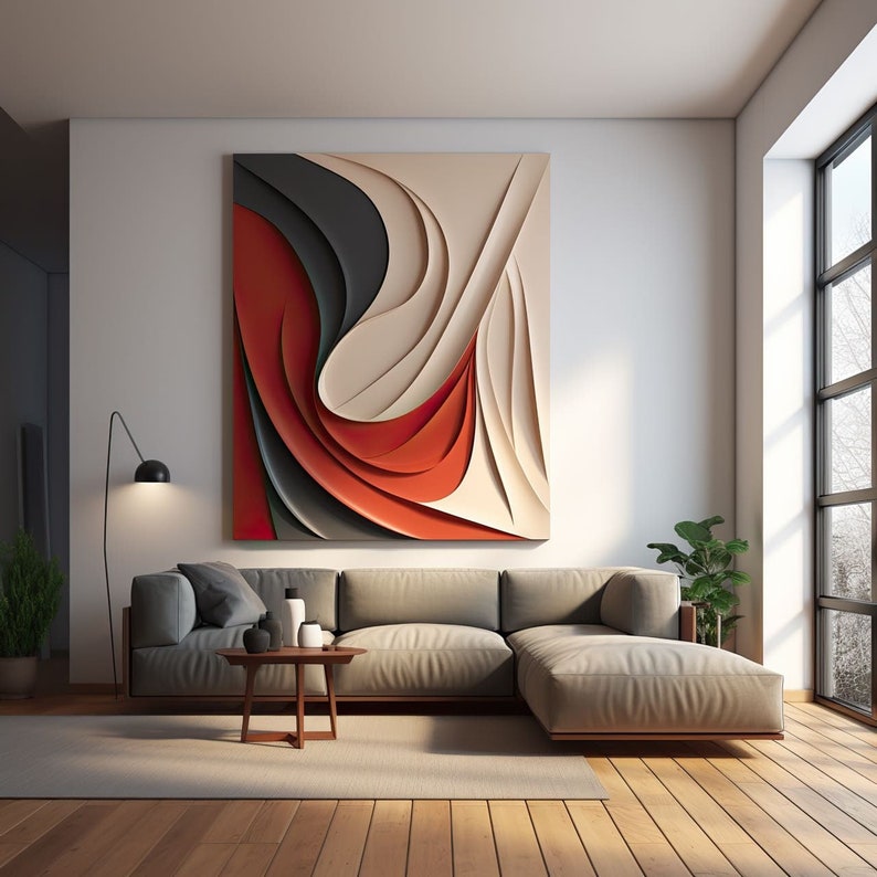 Large Colorful Abstract Wood Carving Wall Art, Minimalist Wall Art, Red