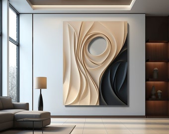 Beige & Black Wood Wall Hanging: 3D Modern Art Decor