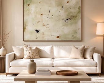 Large Minimalist Abstract Oil Painting, Wabi Sabi Beige Canvas Art, Japanese Calligraphy Line Wall Decor, Framed Office Art