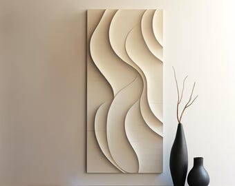Gran escultura de pared de madera beige: arte minimalista en 3D