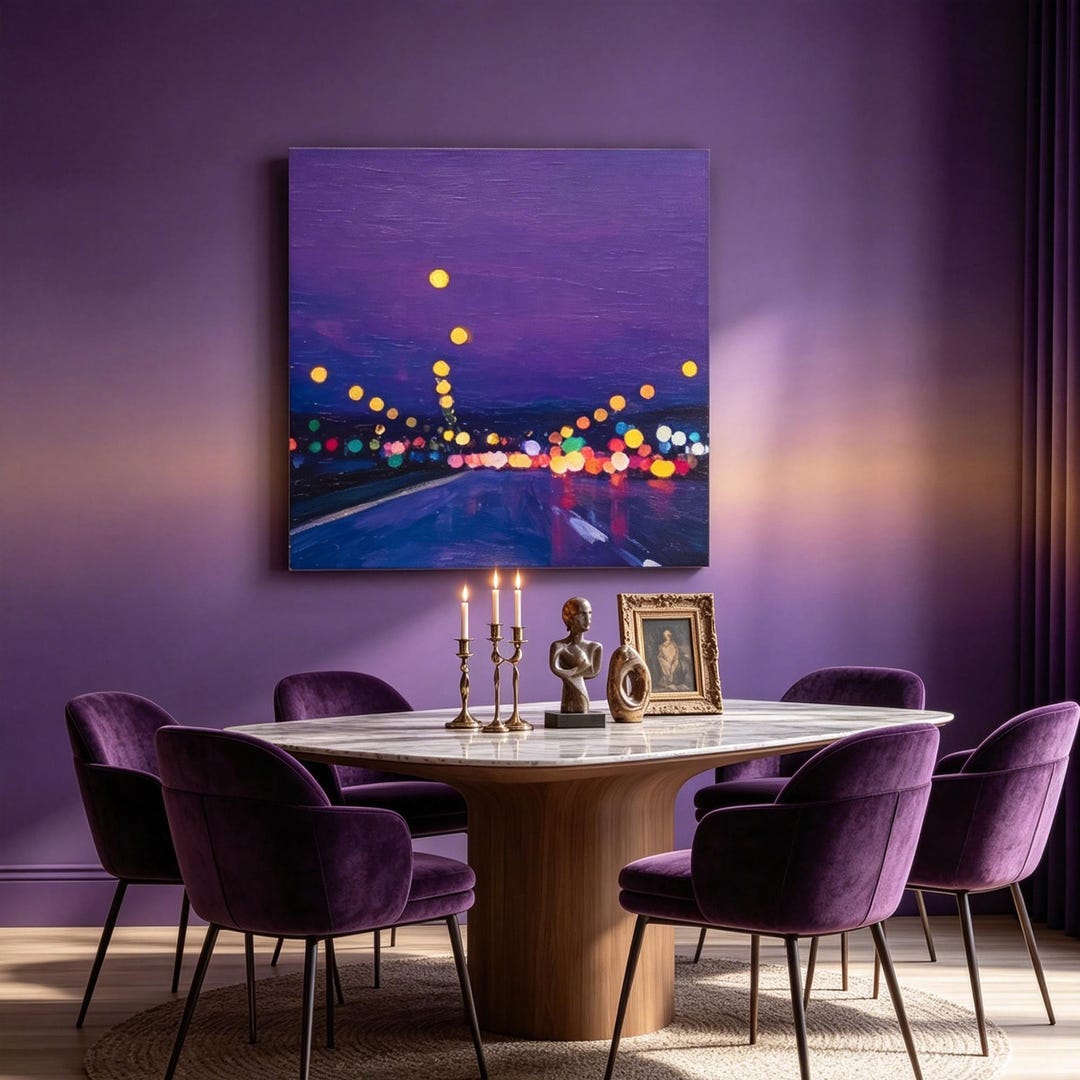 Abstract Purple City Nightscape Oil Painting, Moody Bokeh Lights Wall ...