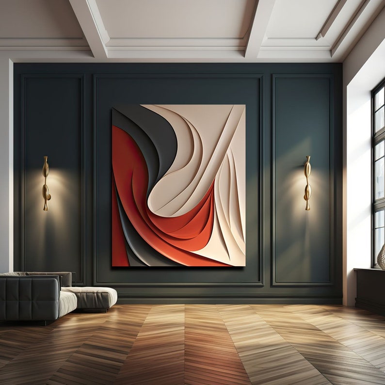 Large Colorful Abstract Wood Carving Wall Art, Minimalist Wall Art, Red