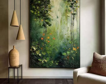 May include: A large rectangular oil painting featuring a dense forest scene with cascading green vines, textured foliage, and small orange flowers. The artwork uses thick impasto brushstrokes to create depth, set against a light, misty background.