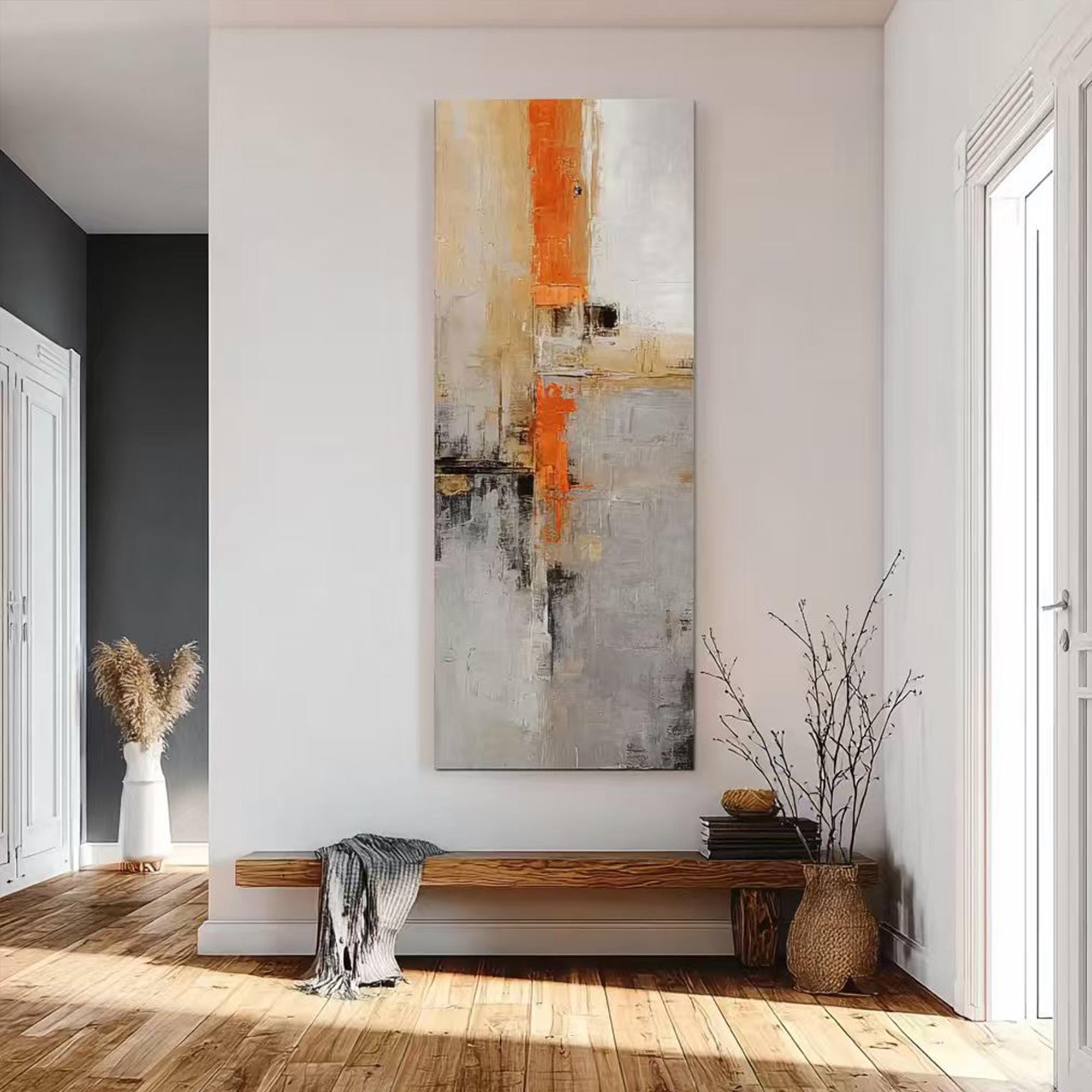 Orange & Black Abstract Canvas Art: Long Vertical Painting, Framed