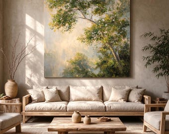 May include: A large square wall art piece depicting a lush green tree canopy against a soft, light-filled sky. The painting features textured brushstrokes in shades of forest green, olive, and pale yellow, creating a serene, natural scene.