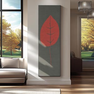 Arte mural en lienzo de hojas rojas: pintura de naturaleza moderna, larga y estrecha