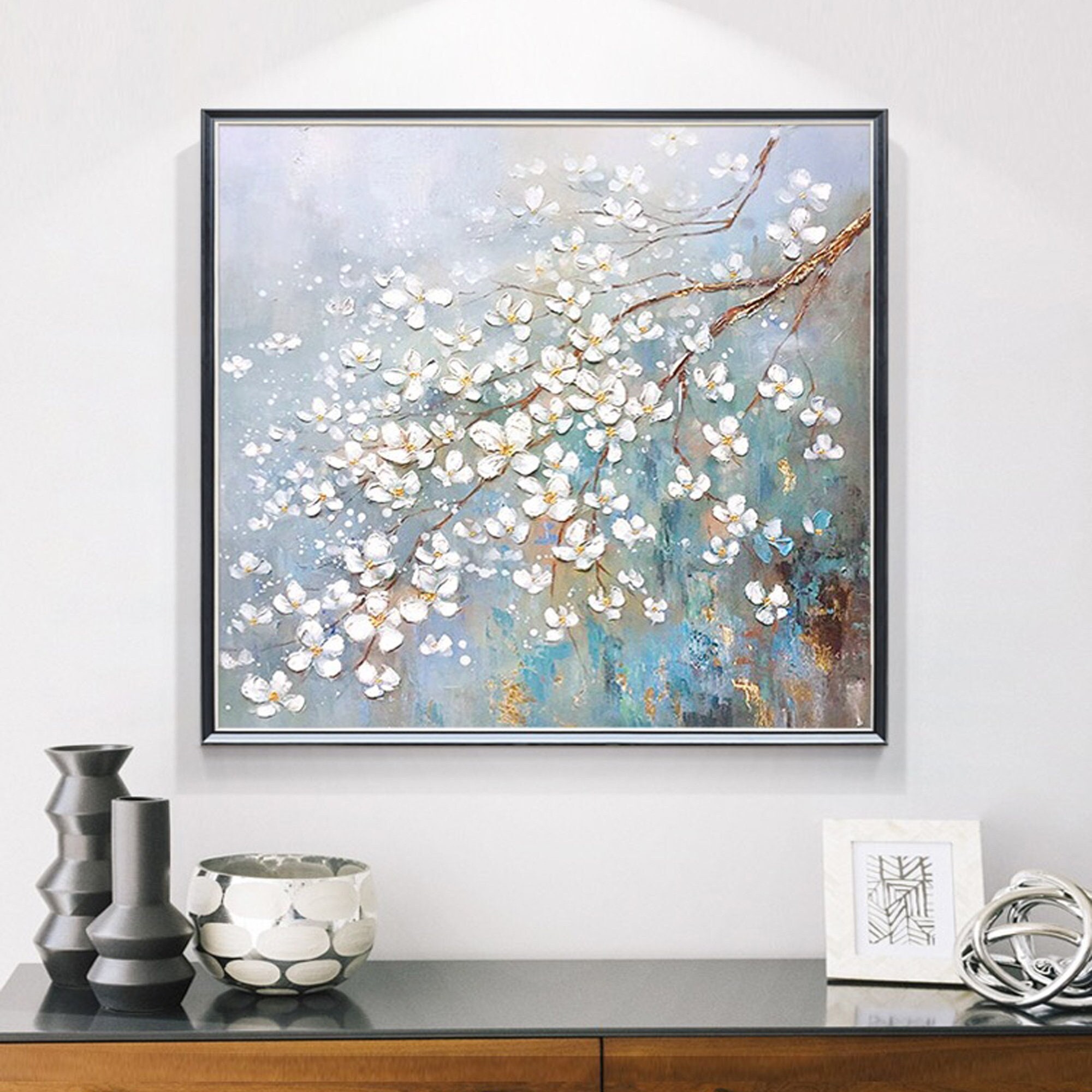 キャンバスに手描きされたオリジナルの大きな白い花の油絵花の
