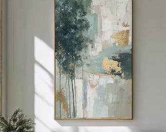 May include: A rectangular canvas painting featuring abstract vertical strokes in shades of dark forest green, sage, and cream. The composition includes textured patches of metallic gold leaf applied across the surface, framed by a thin gold border.