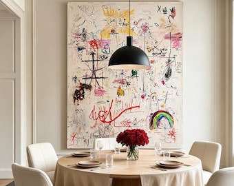 May include: A round wooden dining table with a beige tablecloth, four white upholstered chairs, and a glass vase of red roses. A large black dome pendant light hangs above, centered in front of a tall canvas featuring abstract colorful scribbles.