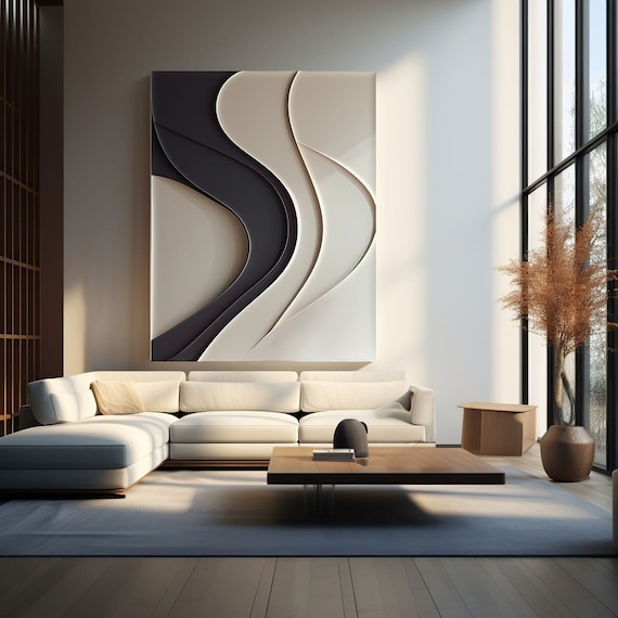 Vertical wood carving wall art- Beige and Black sculptured- minimalist art