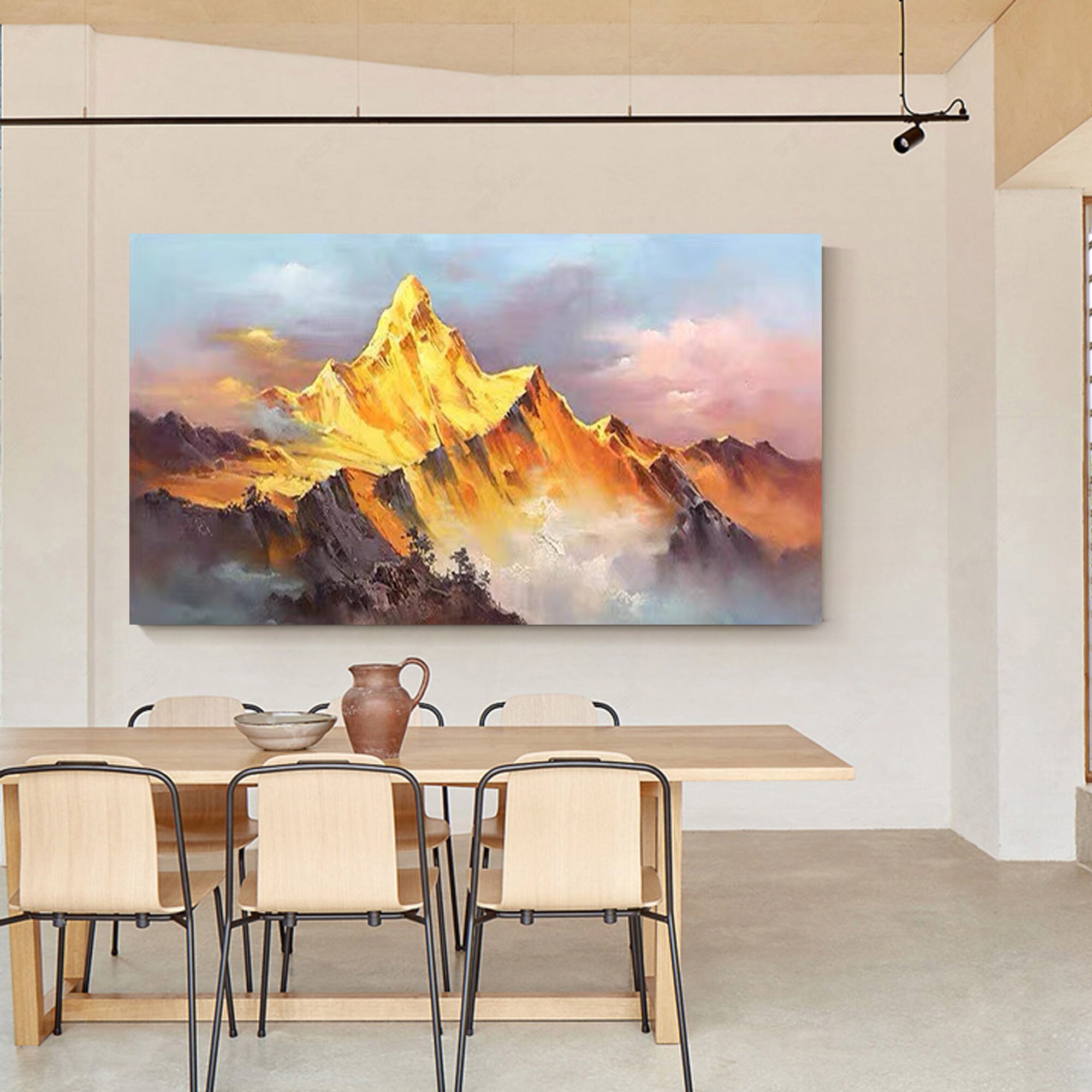 Gold Mountain Oil Painting on Canvas: Abstract Landscape Boho Wall Art ...