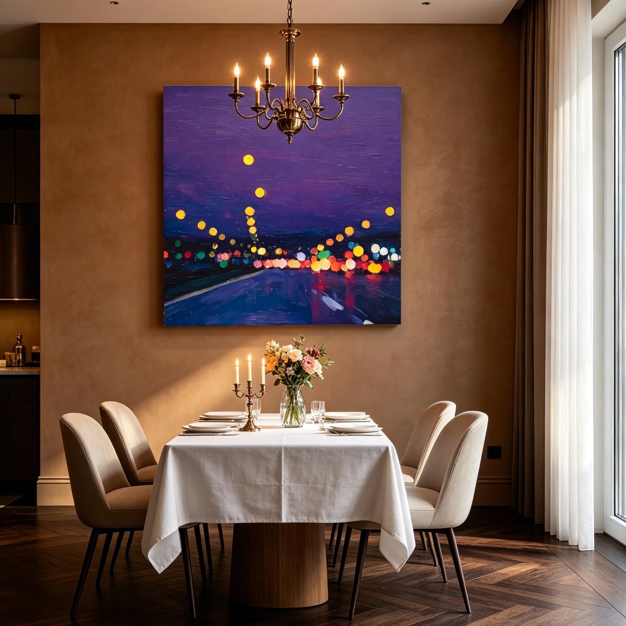 Abstract Purple City Nightscape Oil Painting, Moody Bokeh Lights Wall ...