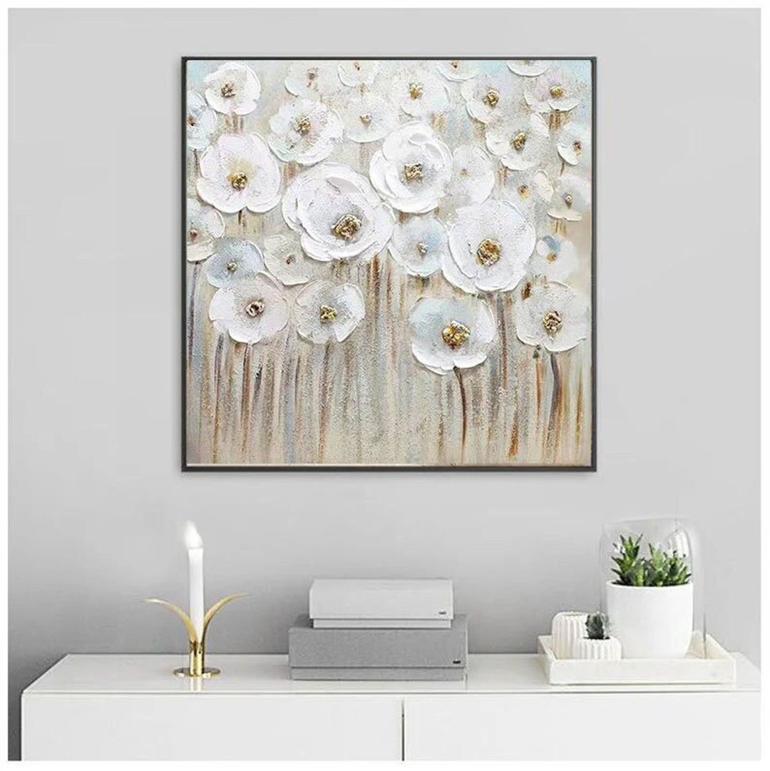 Textured White Flower Painting: 3D Floral Art, Boho Wall Decor - Etsy